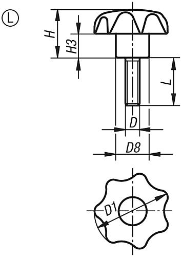 Sterngriff DIN 6336, Form L, Außengewinde, Zeichnung