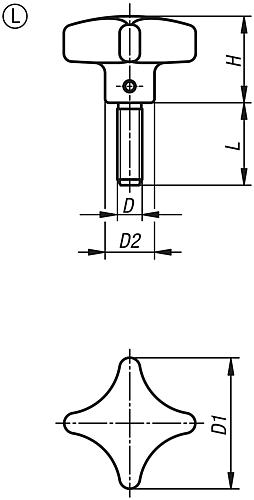 Kreuzgriff DIN 6335, Form L mit Außengewinde, Zeichnung