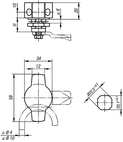 Drehriegel aus Edelstahl mit Betätigung über einen Knebel (ohne Zunge), Zeichnung