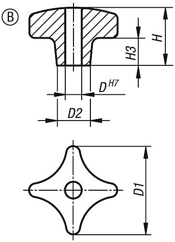 Kreuzgriff DIN 6335, Form B mit durchgehender Bohrung aus Grauguss , Zeichnung