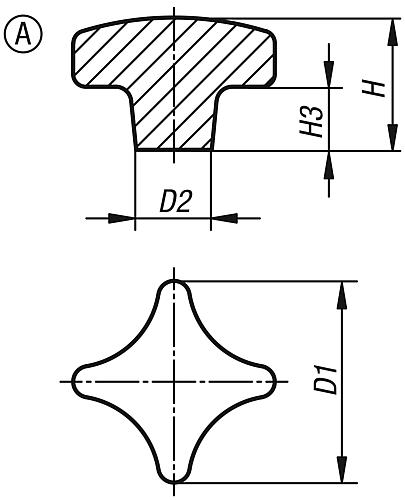 Kreuzgriff DIN 6335, Form A Rohling, Grauguss Zeichnung