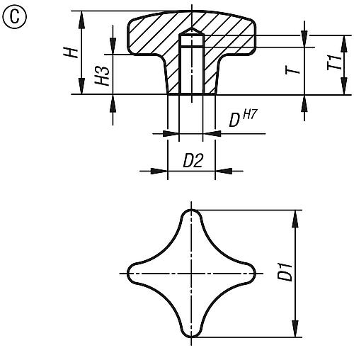 Kreuzgriff DIN 6335, Form C mit Sackloch aus Grauguss, Zeichnung