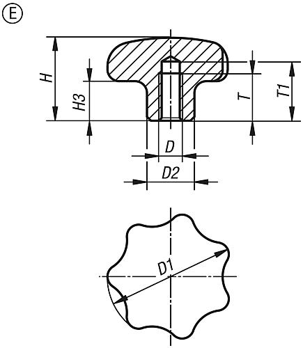 Sterngriffe aus Edelstahl Zeichnung, Form E, DIN 6336