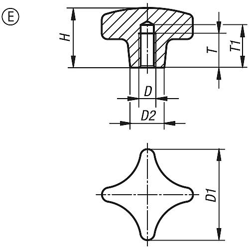 Kreuzgriff DIN 6335, Form E mit Gewindesackloch, Zeichnung