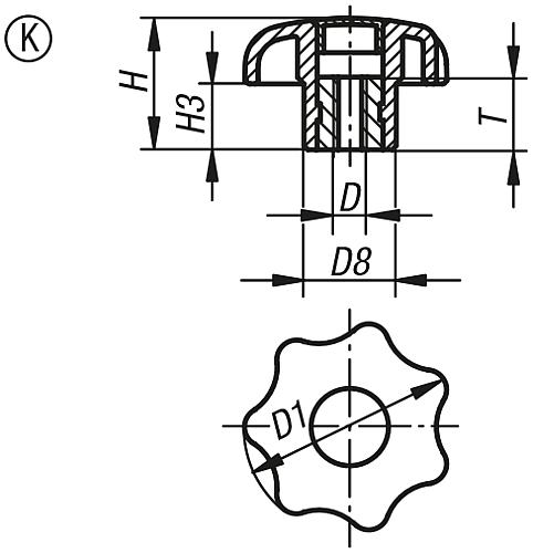 Sterngriff DIN 6336, Form K, Innengewinde mit Deckel, Zeichnung
