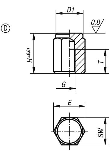 Positionsfuß mit Innengewinde und Planfläche, Form D, Zeichnung