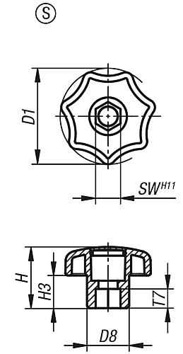 Sterngriff DIN 6336, Form S, Sechskant, Zeichnung